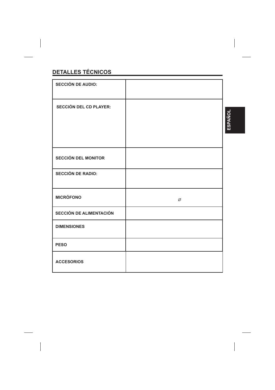 Detalles técnicos | The Singing Machine SMVG-620 User Manual | Page 37 / 60