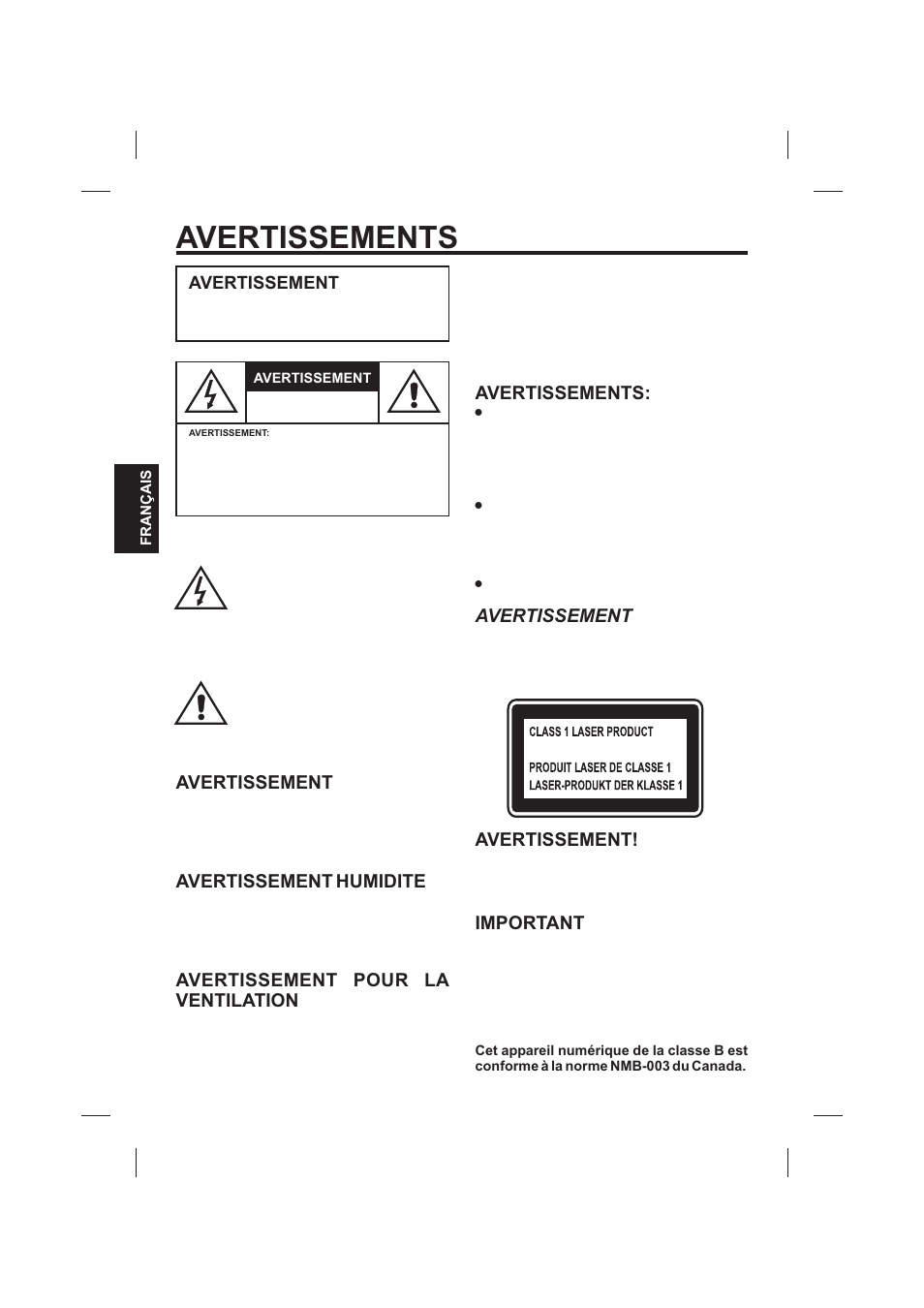 Avertissements, Avertissements: avertissement, Avertissement important | Avertissement | The Singing Machine SMVG-620 User Manual | Page 40 / 60