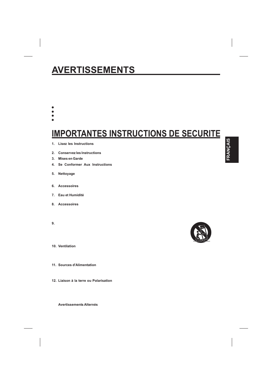 Avertissements, Importantes instructions de securite | The Singing Machine SMVG-620 User Manual | Page 41 / 60