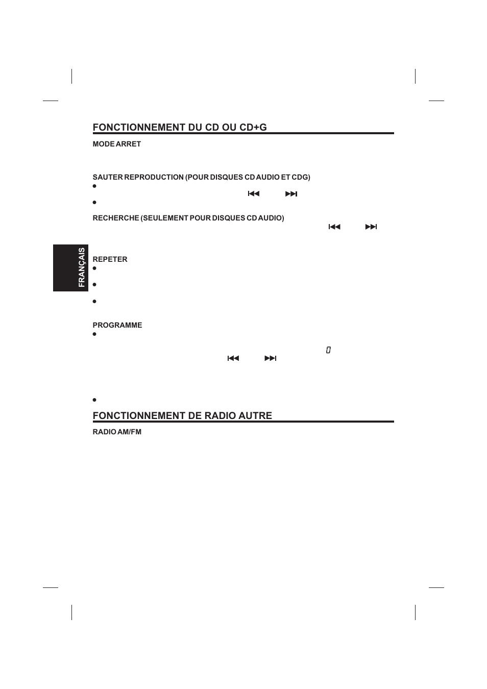 Fonctionnement du cd ou cd+g, Fonctionnement de radio autre | The Singing Machine SMVG-620 User Manual | Page 52 / 60