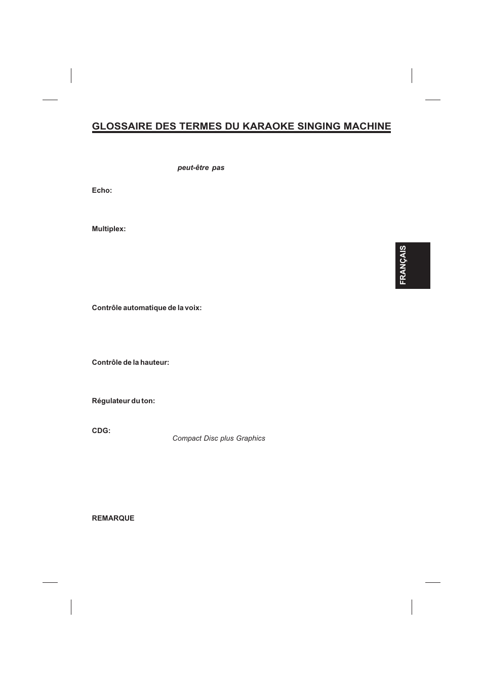 Glossaire des termes du karaoke singing machine | The Singing Machine SMVG-620 User Manual | Page 57 / 60