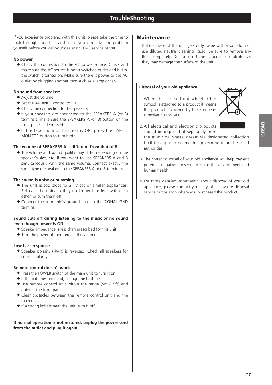 Troubleshooting, Maintenance | Teac A-R610 User Manual | Page 11 / 64