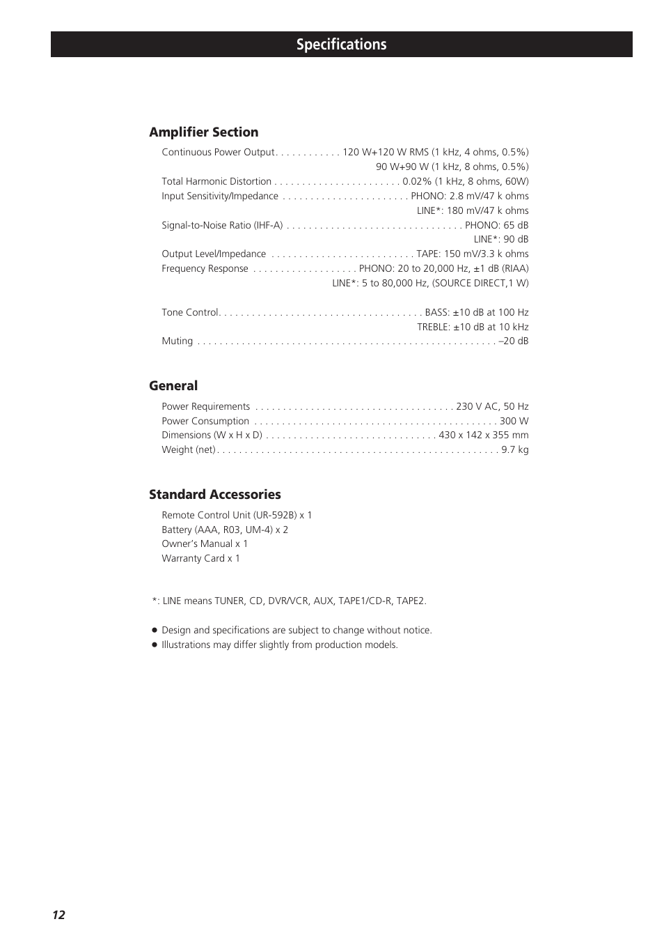 Specifications, General, Standard accessories | Teac A-R610 User Manual | Page 12 / 64