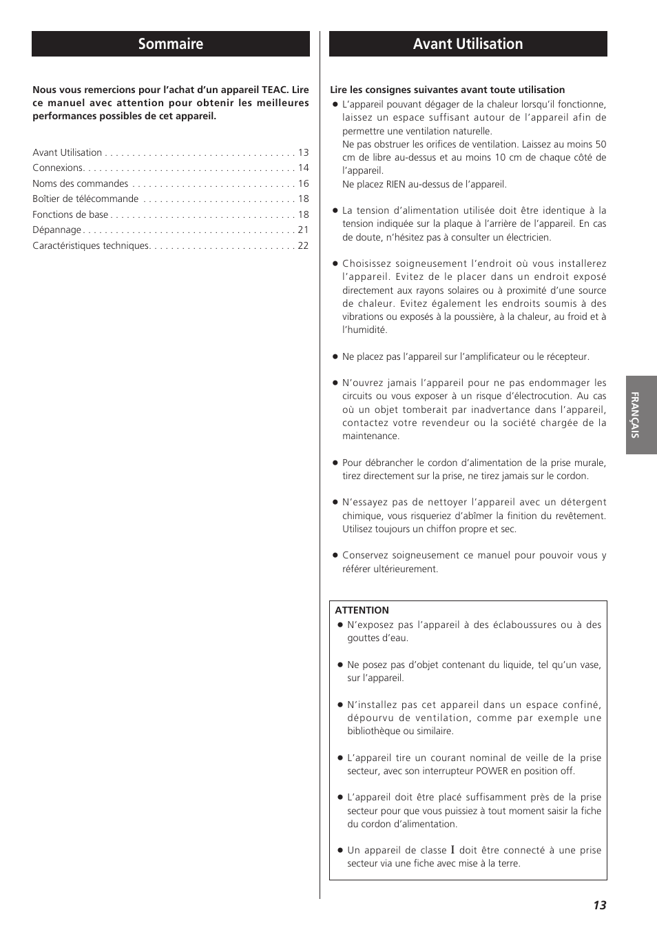 Sommaire avant utilisation | Teac A-R610 User Manual | Page 13 / 64