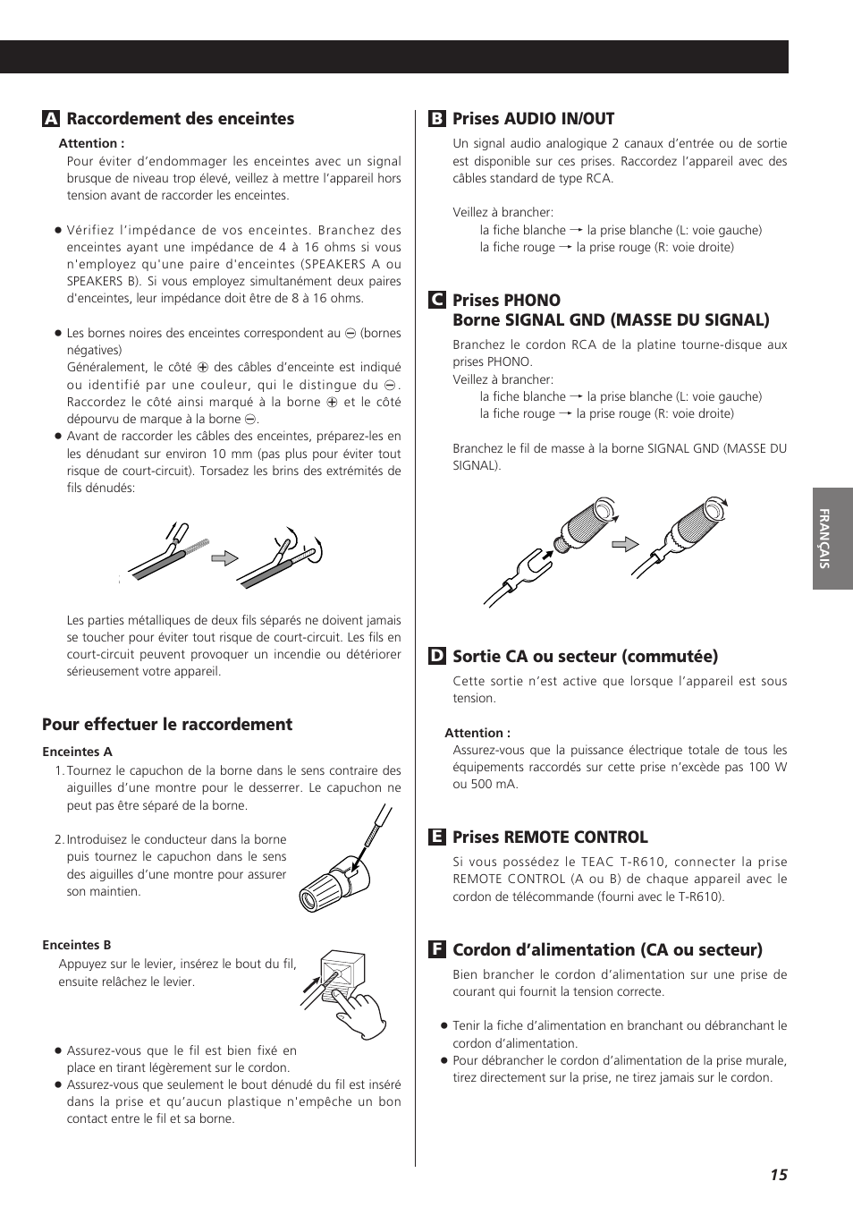 Prises audio in/out, Prises phono borne signal gnd (masse du signal), Sortie ca ou secteur (commutée) | Prises remote control, Cordon d’alimentation (ca ou secteur), Pour effectuer le raccordement | Teac A-R610 User Manual | Page 15 / 64