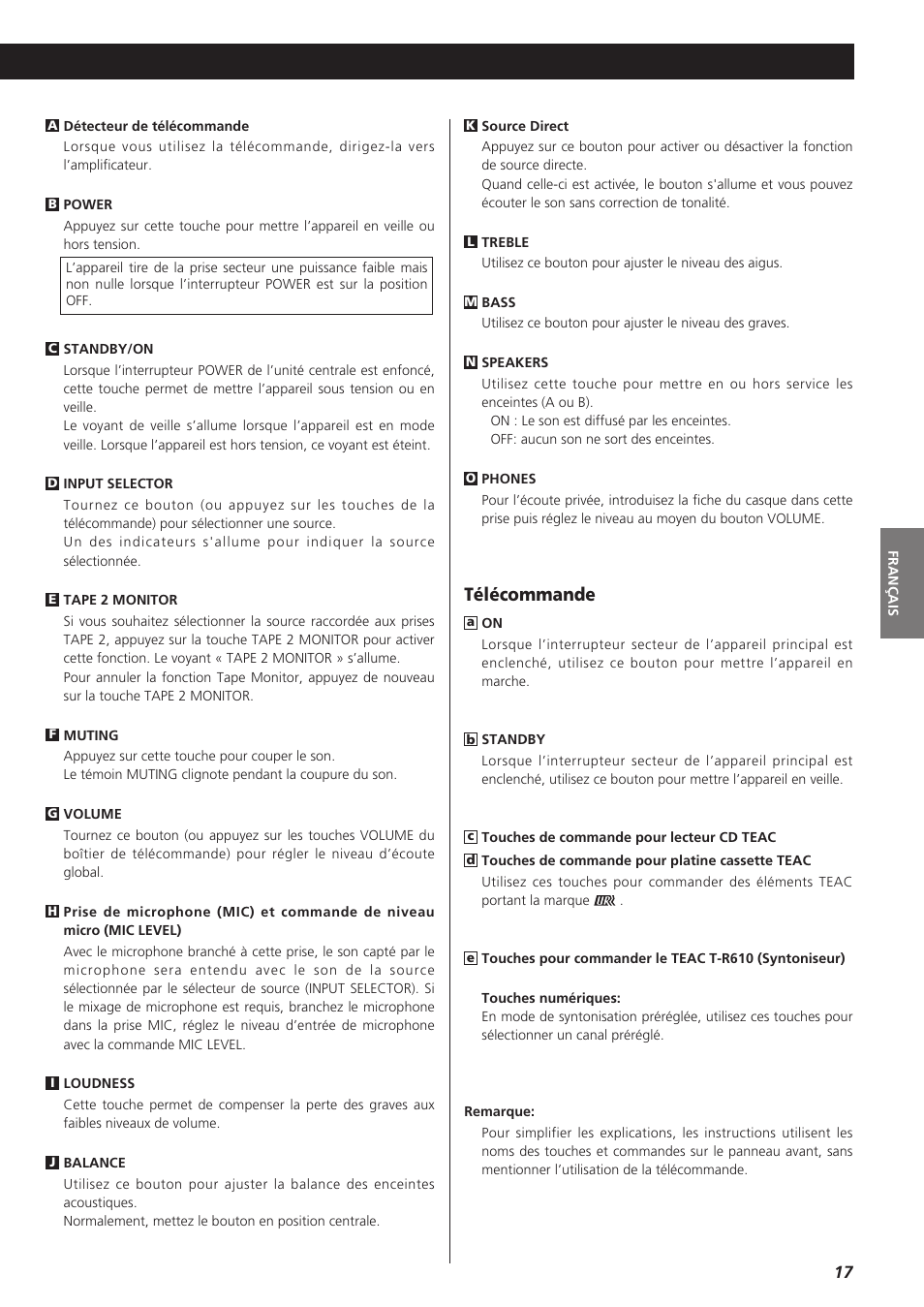 Télécommande | Teac A-R610 User Manual | Page 17 / 64