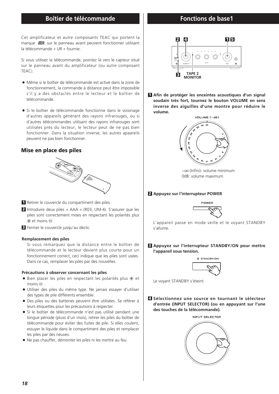 Fonctions de base1, Boîtier de télécommande, Mise en place des piles | Teac A-R610 User Manual | Page 18 / 64