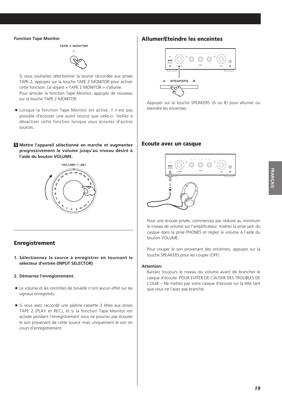 Enregistrement, Allumer/eteindre les enceintes, Ecoute avec un casque | Teac A-R610 User Manual | Page 19 / 64