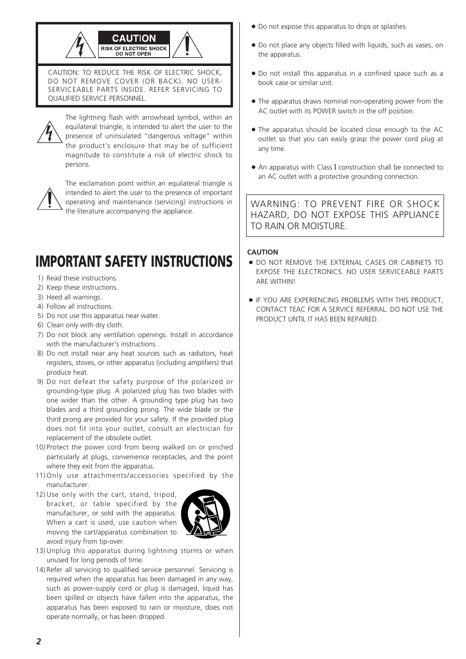 Important safety instructions | Teac A-R610 User Manual | Page 2 / 64