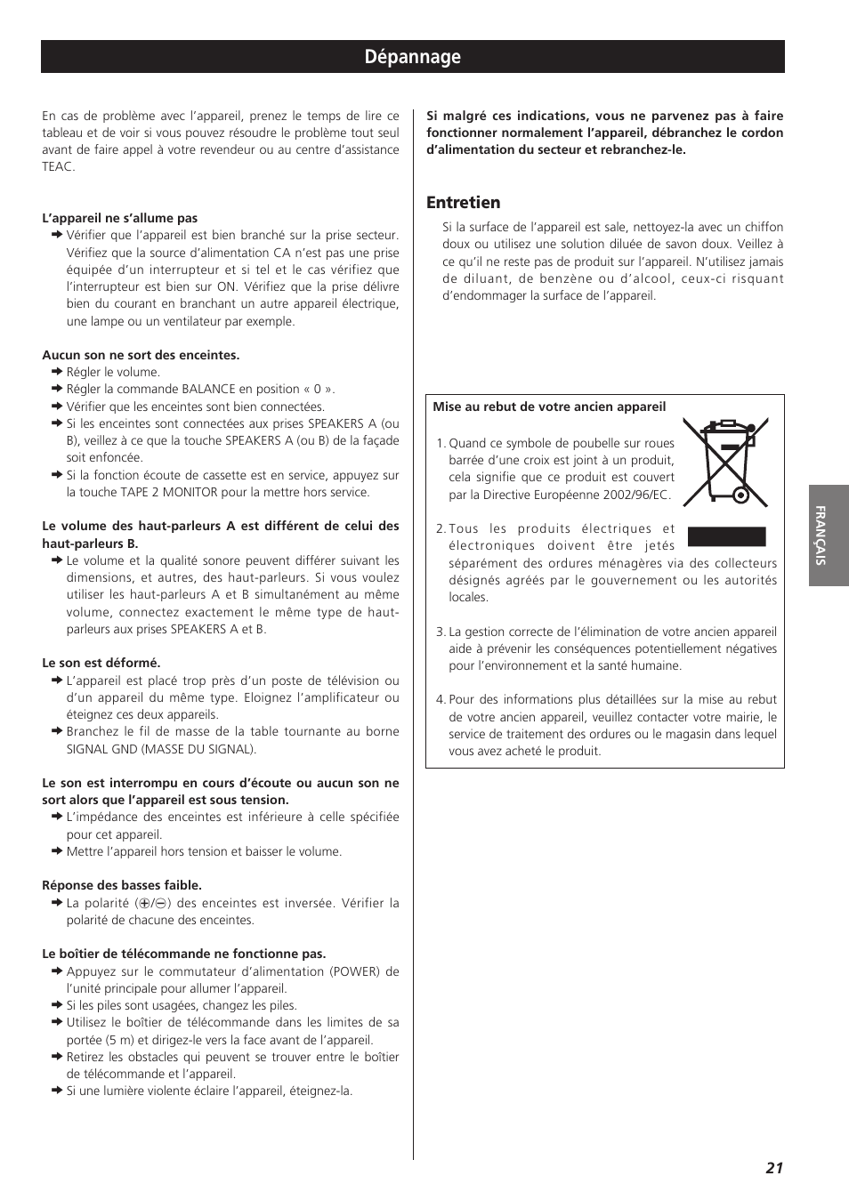 Dépannage, Entretien | Teac A-R610 User Manual | Page 21 / 64