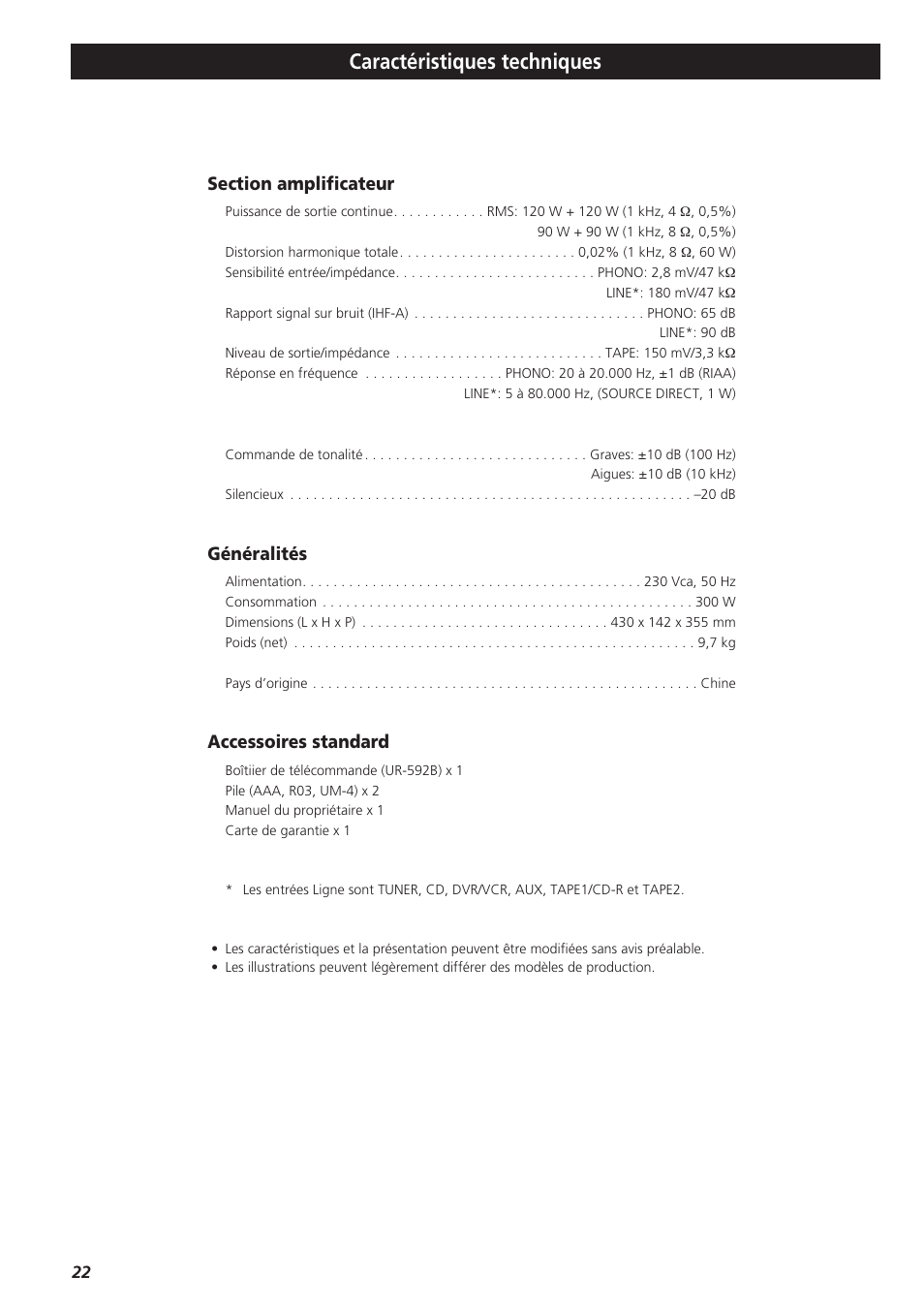 Caractéristiques techniques, Généralités, Accessoires standard | Teac A-R610 User Manual | Page 22 / 64