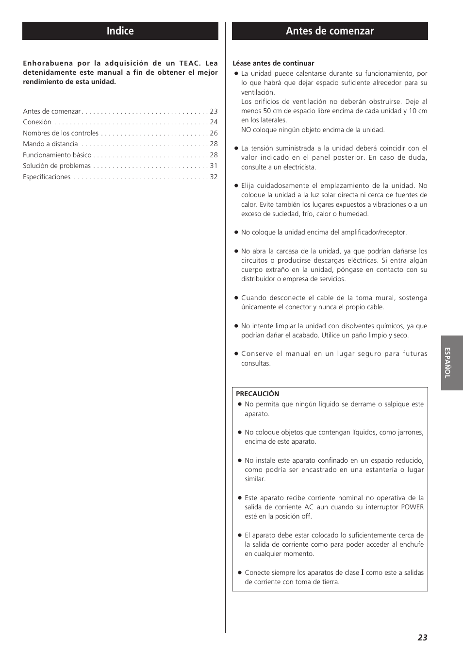 Antes de comenzar indice | Teac A-R610 User Manual | Page 23 / 64