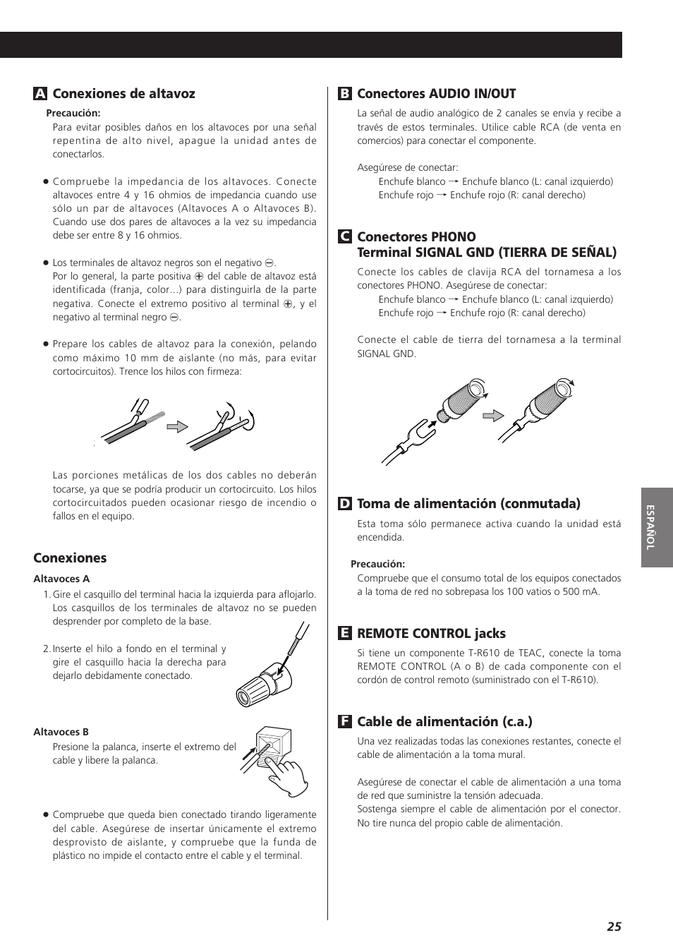 Conectores audio in/out, Toma de alimentación (conmutada), Remote control jacks | Cable de alimentación (c.a.), Conexiones | Teac A-R610 User Manual | Page 25 / 64