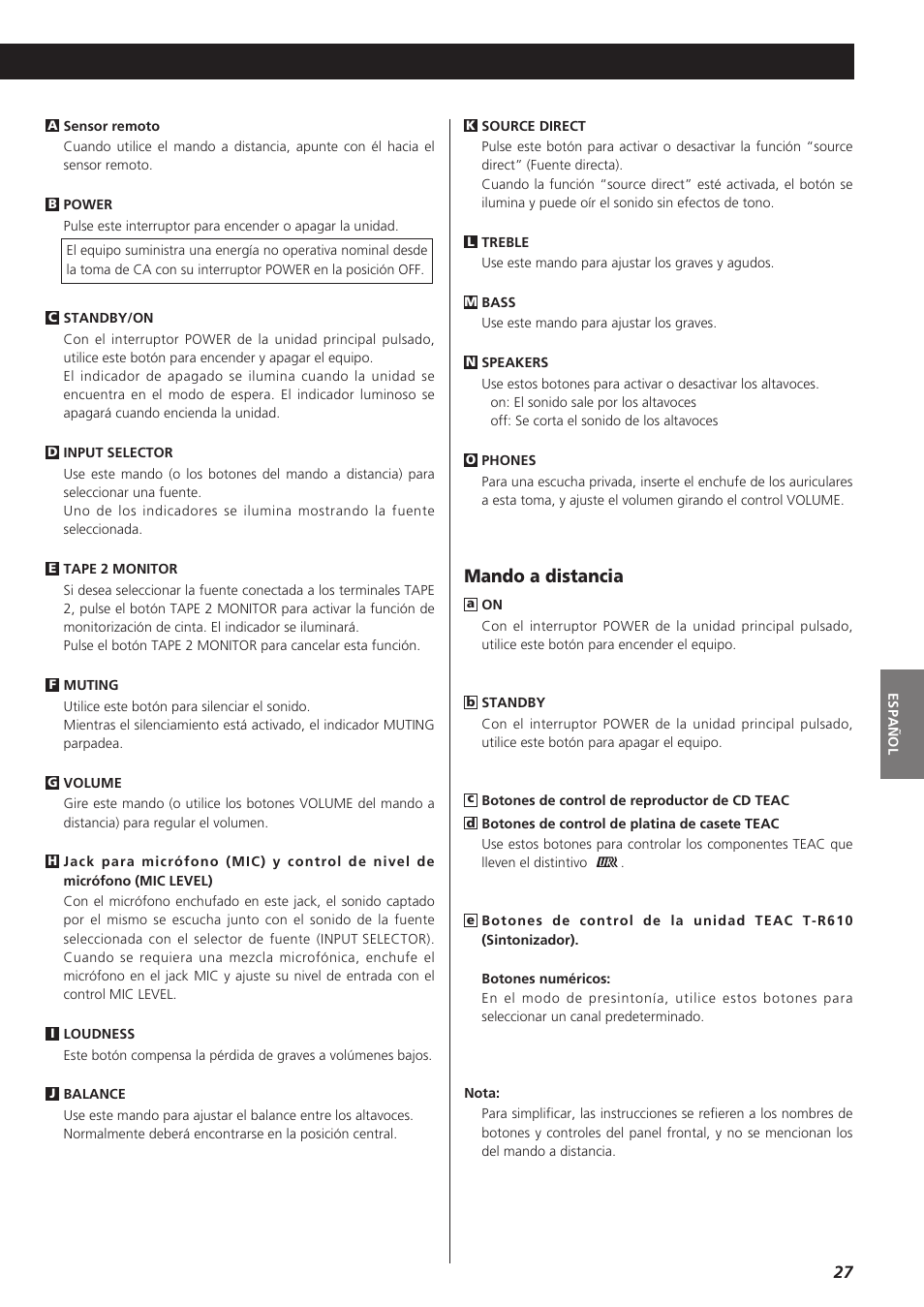 Mando a distancia | Teac A-R610 User Manual | Page 27 / 64