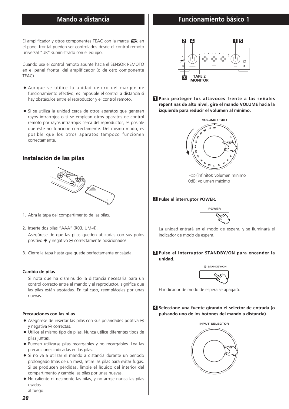 Funcionamiento básico 1, Mando a distancia, Instalación de las pilas | Teac A-R610 User Manual | Page 28 / 64