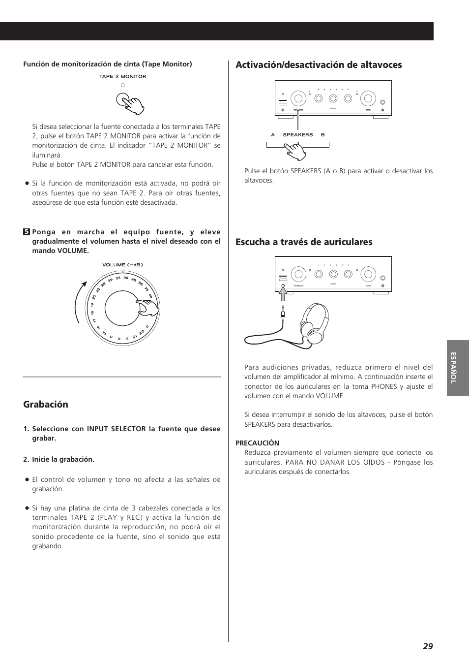 Grabación, Activación/desactivación de altavoces, Escucha a través de auriculares | Teac A-R610 User Manual | Page 29 / 64