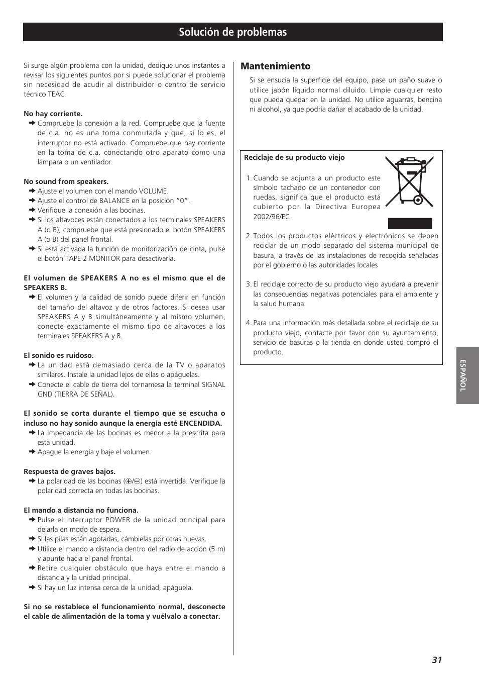 Solución de problemas, Mantenimiento | Teac A-R610 User Manual | Page 31 / 64