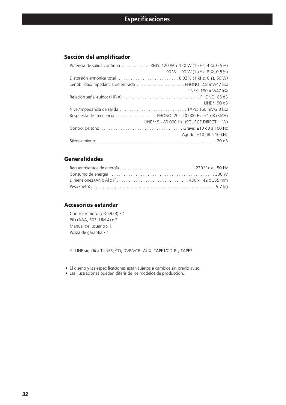 Especificaciones, Sección del amplificador, Generalidades | Accesorios estándar | Teac A-R610 User Manual | Page 32 / 64