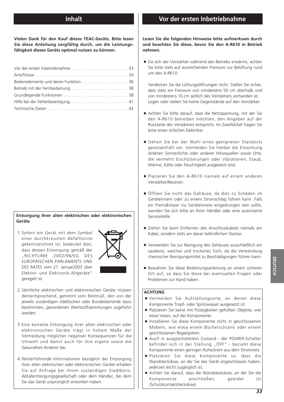 Inhalt, Vor der ersten inbetriebnahme | Teac A-R610 User Manual | Page 33 / 64