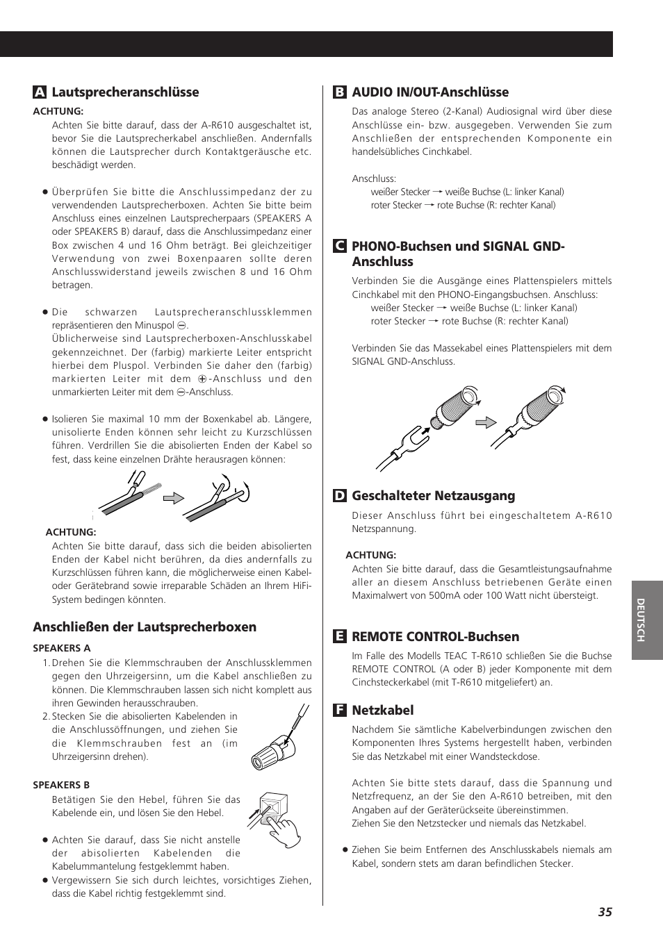 Audio in/out-anschlüsse, Phono-buchsen und signal gnd- anschluss, Geschalteter netzausgang | Remote control-buchsen, Netzkabel, Anschließen der lautsprecherboxen | Teac A-R610 User Manual | Page 35 / 64