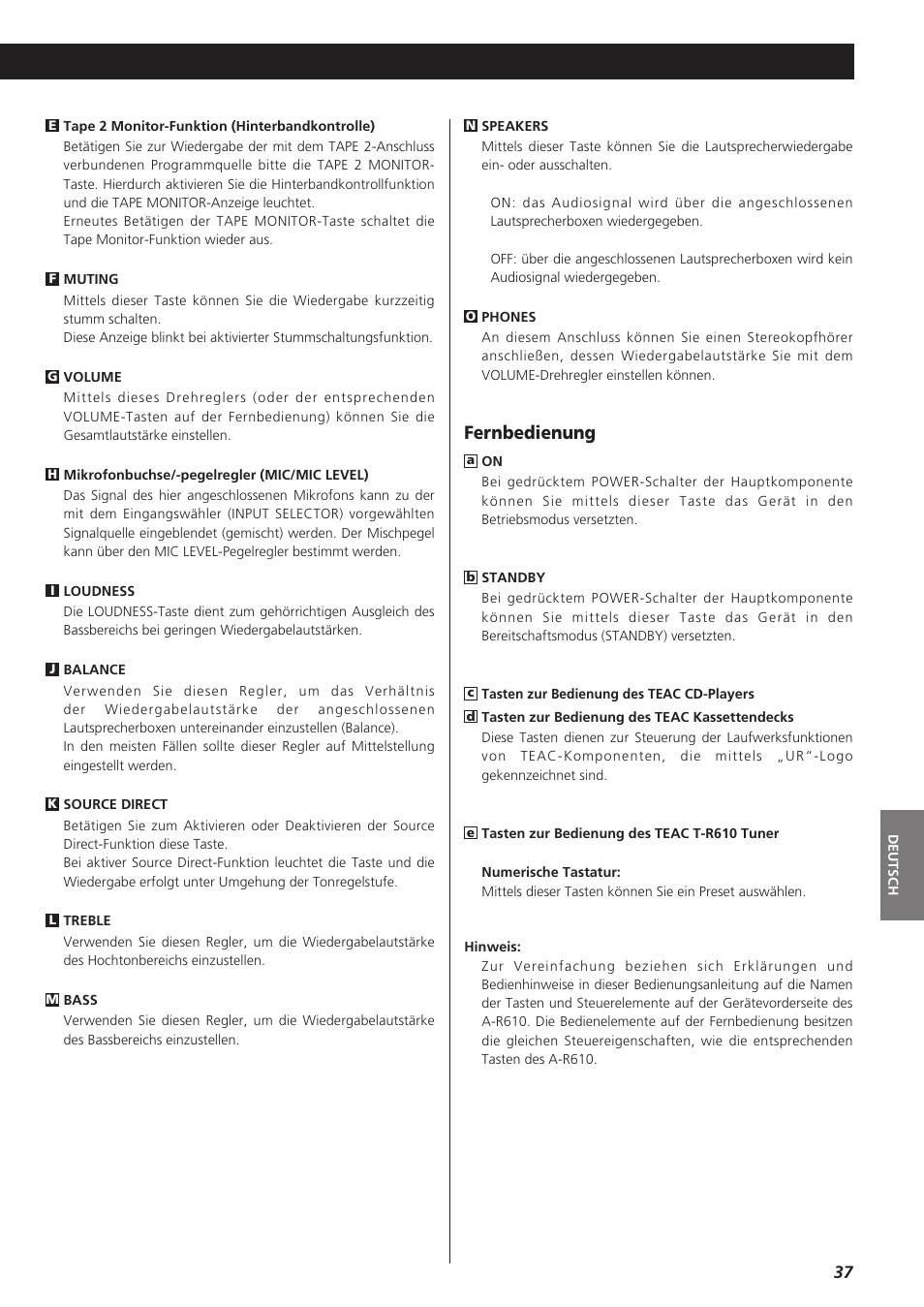 Fernbedienung | Teac A-R610 User Manual | Page 37 / 64