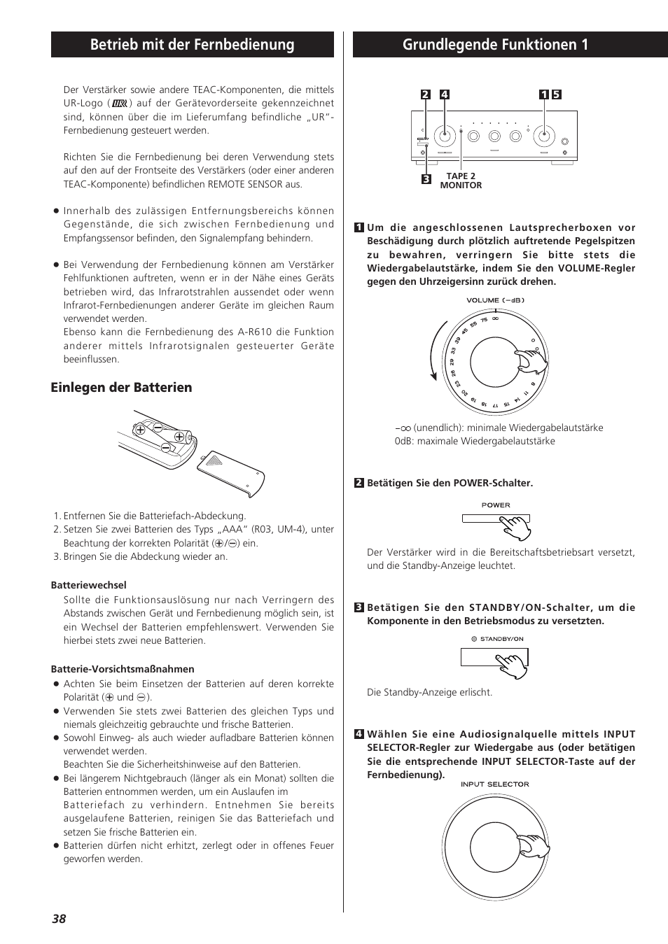 Einlegen der batterien | Teac A-R610 User Manual | Page 38 / 64