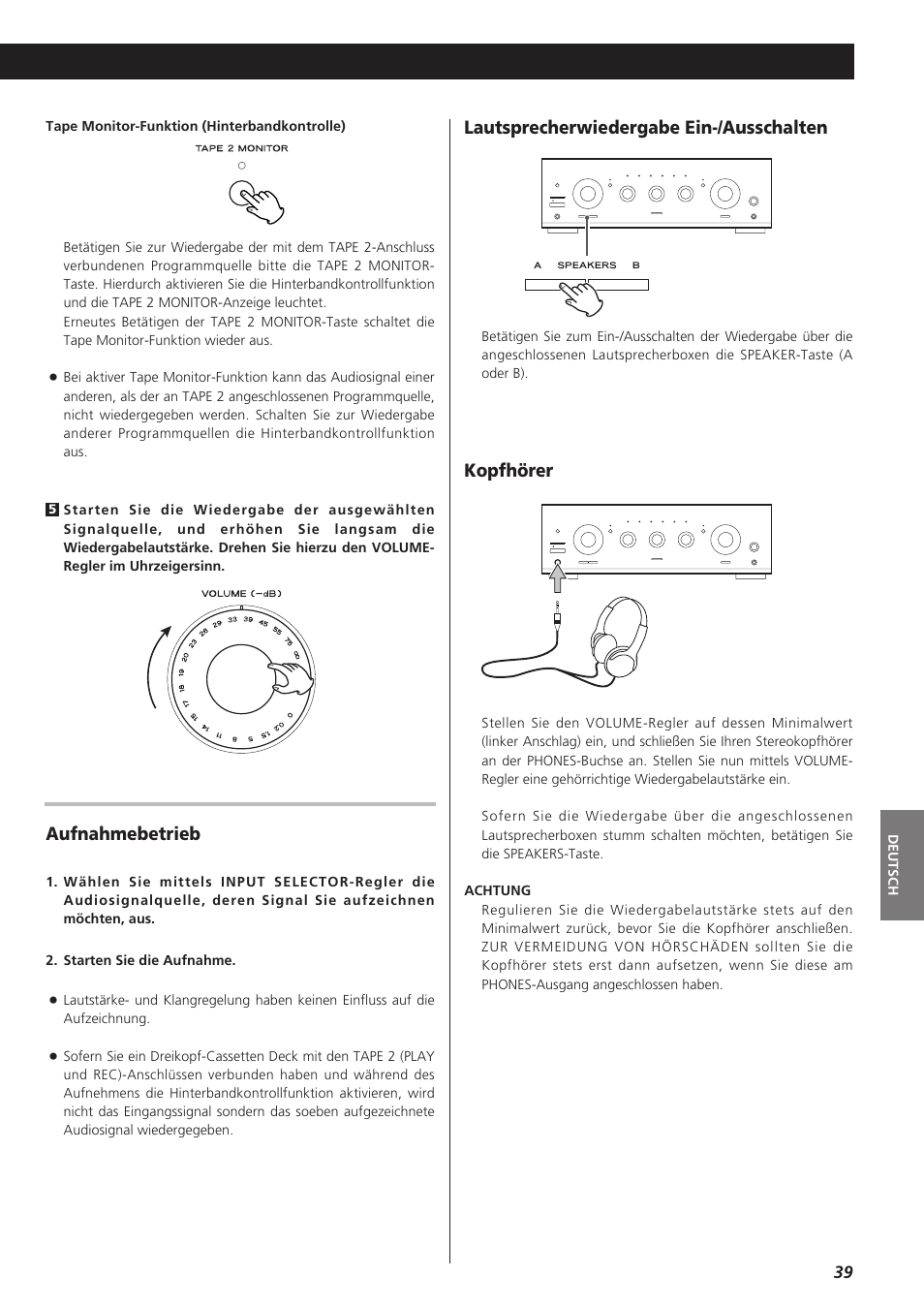 Aufnahmebetrieb, Lautsprecherwiedergabe ein-/ausschalten, Kopfhörer | Teac A-R610 User Manual | Page 39 / 64