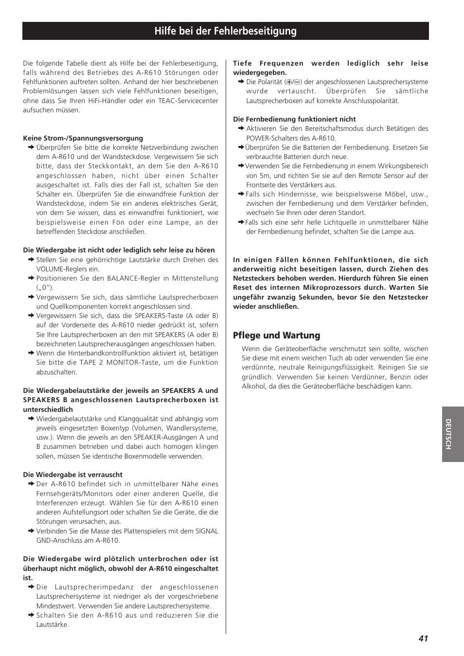 Hilfe bei der fehlerbeseitigung, Pflege und wartung | Teac A-R610 User Manual | Page 41 / 64