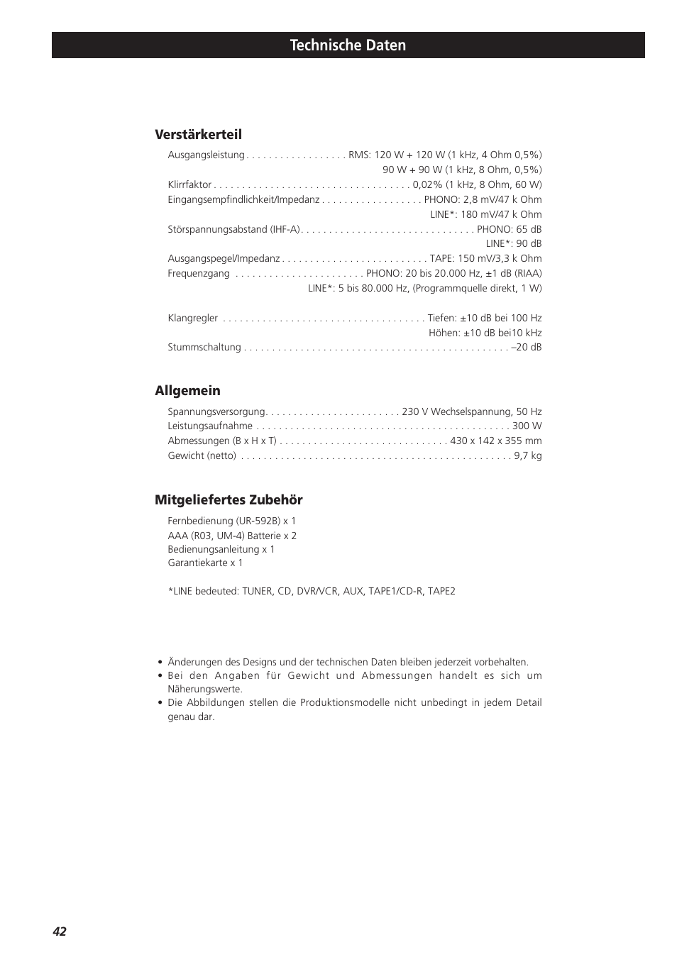 Technische daten, Verstärkerteil, Allgemein | Mitgeliefertes zubehör | Teac A-R610 User Manual | Page 42 / 64