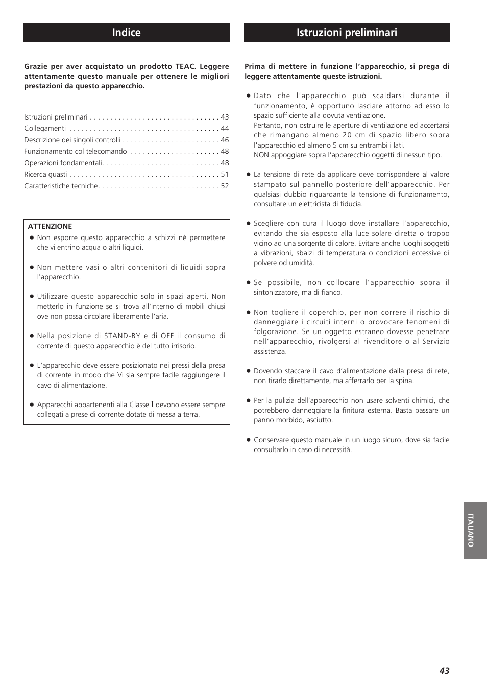 Istruzioni preliminari, Indice | Teac A-R610 User Manual | Page 43 / 64