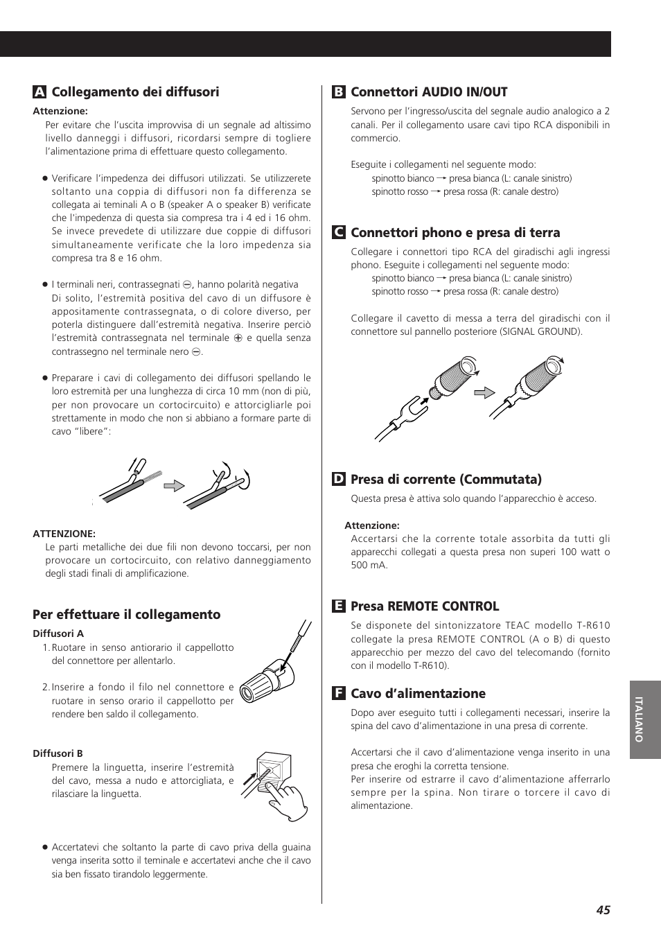 Connettori audio in/out, Connettori phono e presa di terra, Presa di corrente (commutata) | Presa remote control, Cavo d’alimentazione, Per effettuare il collegamento | Teac A-R610 User Manual | Page 45 / 64