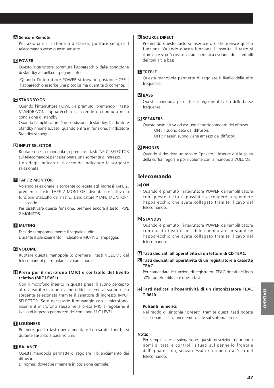 Telecomando | Teac A-R610 User Manual | Page 47 / 64