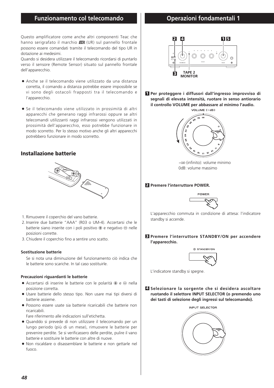 Operazioni fondamentali 1, Funzionamento col telecomando, Installazione batterie | Teac A-R610 User Manual | Page 48 / 64