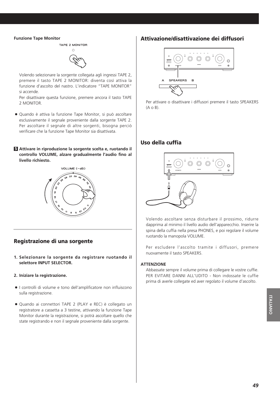 Registrazione di una sorgente, Attivazione/disattivazione dei diffusori, Uso della cuffia | Teac A-R610 User Manual | Page 49 / 64