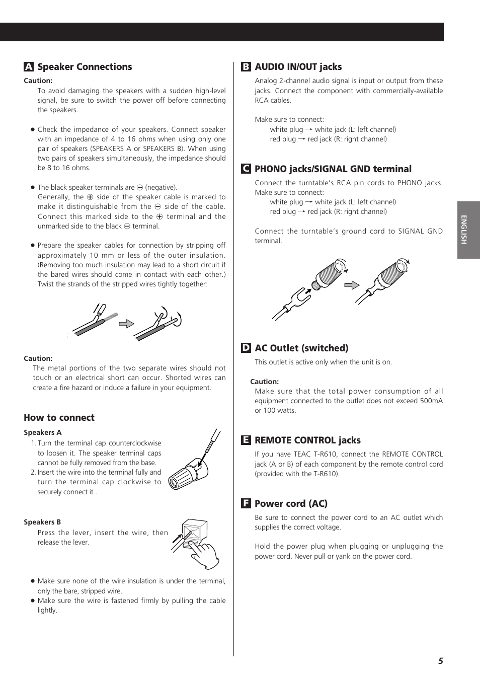 Audio in/out jacks, Phono jacks/signal gnd terminal, Ac outlet (switched) | Remote control jacks, Power cord (ac), How to connect | Teac A-R610 User Manual | Page 5 / 64