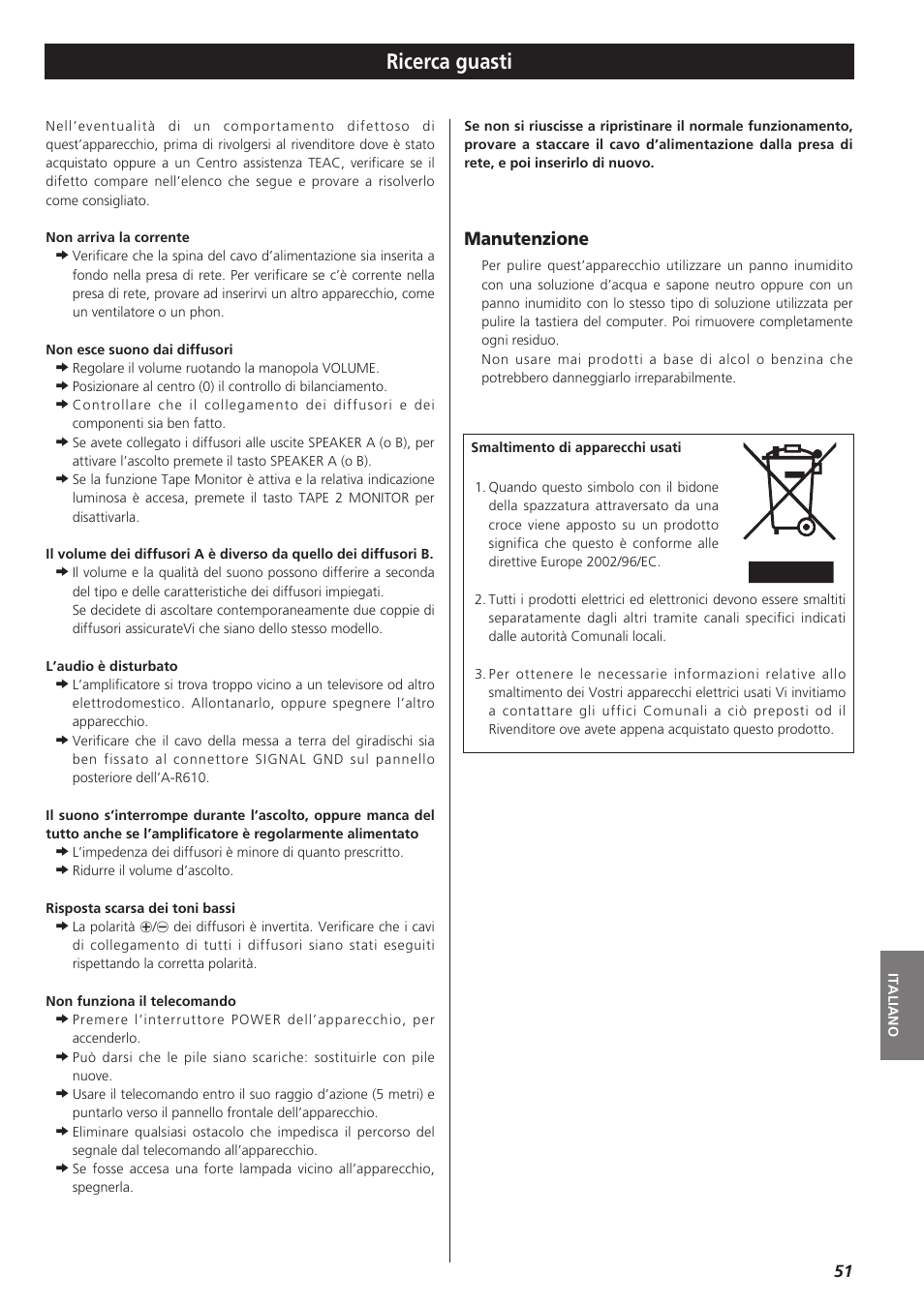 Ricerca guasti, Manutenzione | Teac A-R610 User Manual | Page 51 / 64