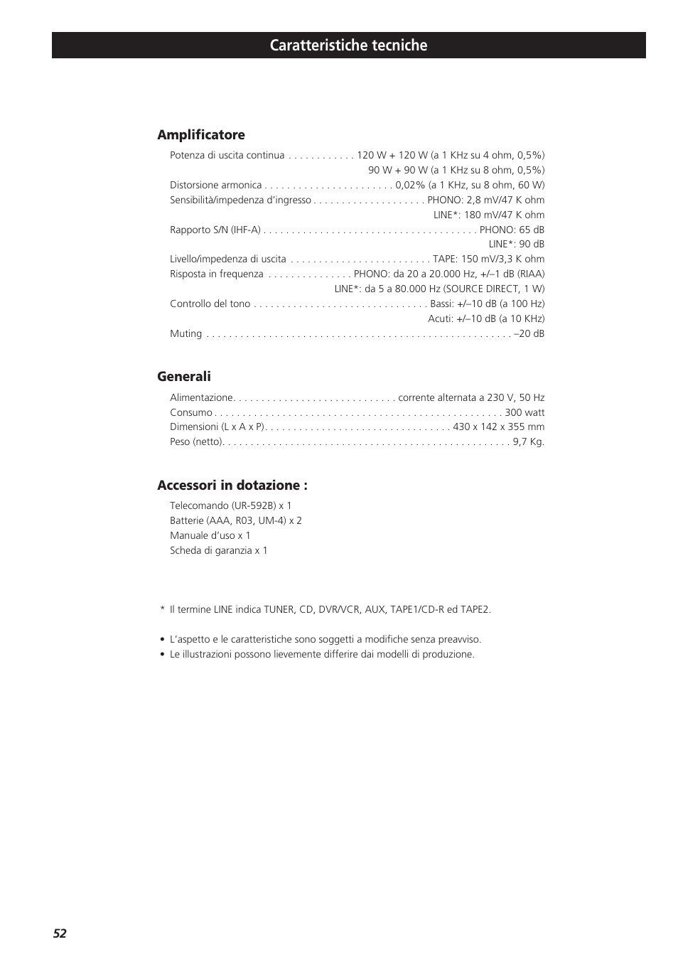 Caratteristiche tecniche, Amplificatore, Generali | Accessori in dotazione | Teac A-R610 User Manual | Page 52 / 64