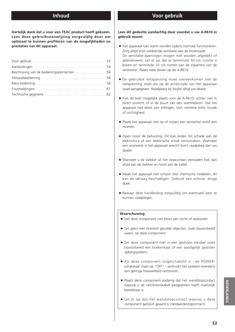 Voor gebruik inhoud | Teac A-R610 User Manual | Page 53 / 64