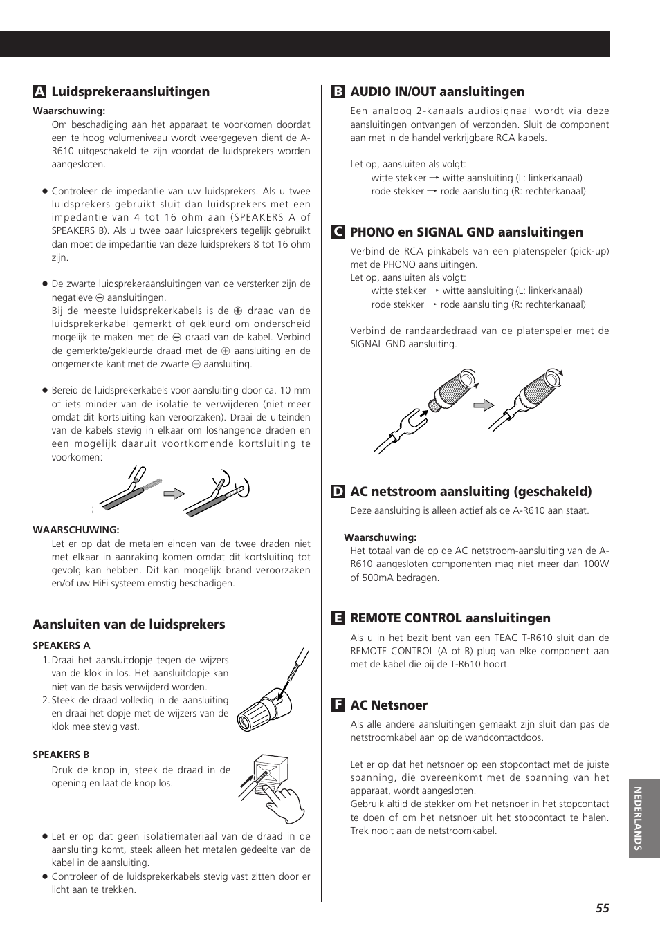 Audio in/out aansluitingen, Phono en signal gnd aansluitingen, Ac netstroom aansluiting (geschakeld) | Remote control aansluitingen, Ac netsnoer, Aansluiten van de luidsprekers | Teac A-R610 User Manual | Page 55 / 64