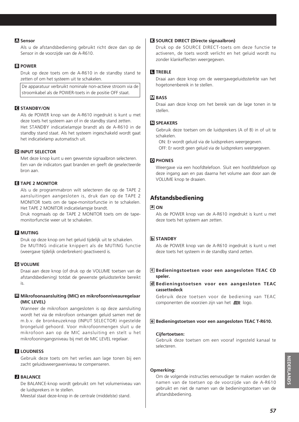 Afstandsbediening | Teac A-R610 User Manual | Page 57 / 64