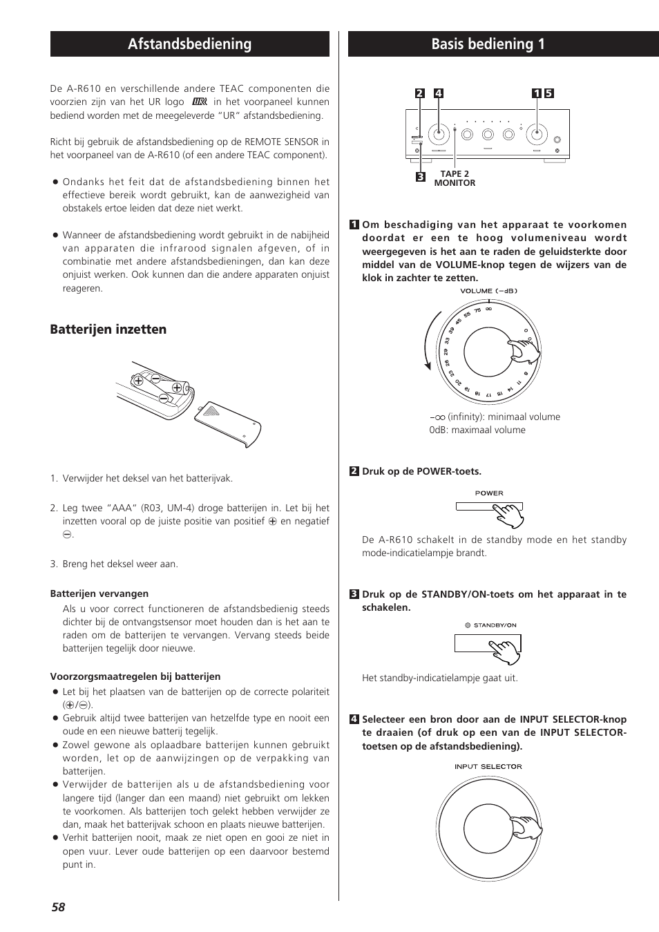 Basis bediening 1, Afstandsbediening, Batterijen inzetten | Teac A-R610 User Manual | Page 58 / 64