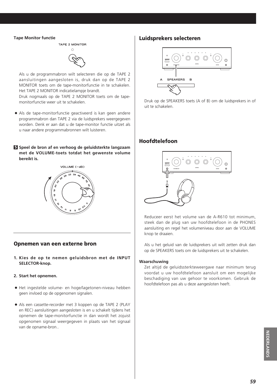 Opnemen van een externe bron, Luidsprekers selecteren, Hoofdtelefoon | Teac A-R610 User Manual | Page 59 / 64