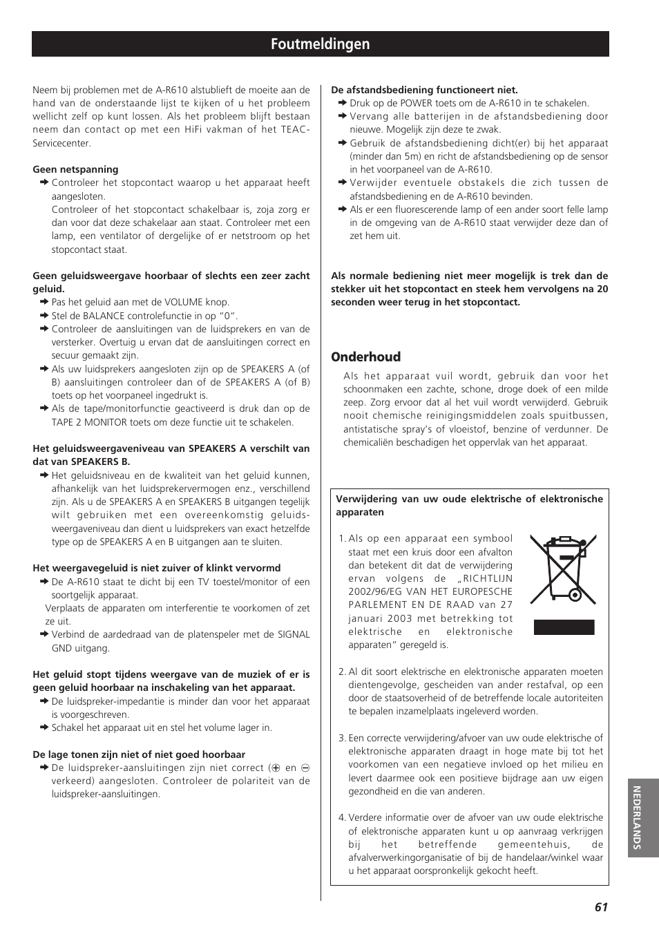 Foutmeldingen, Onderhoud | Teac A-R610 User Manual | Page 61 / 64