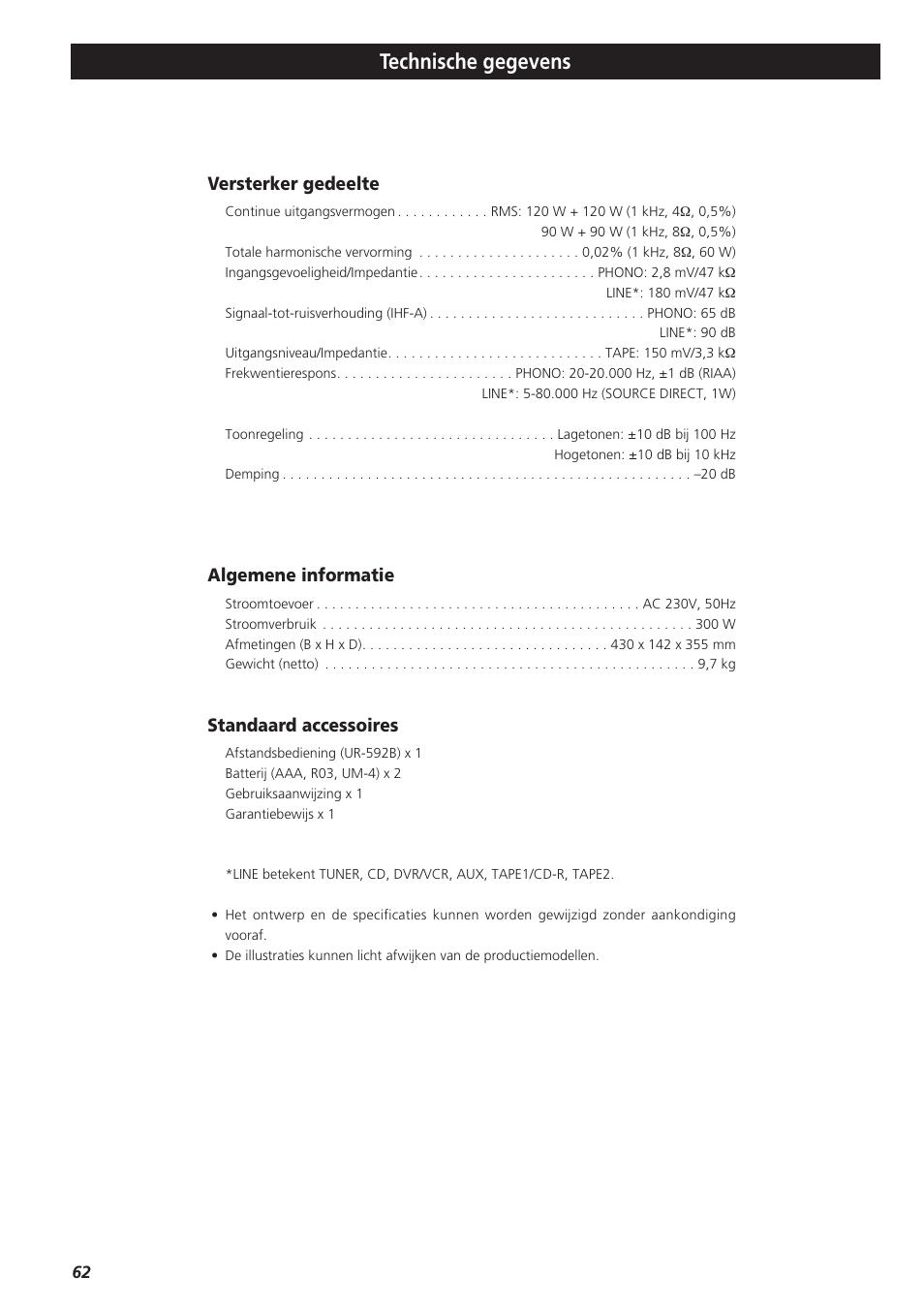 Technische gegevens, Versterker gedeelte, Algemene informatie | Standaard accessoires | Teac A-R610 User Manual | Page 62 / 64