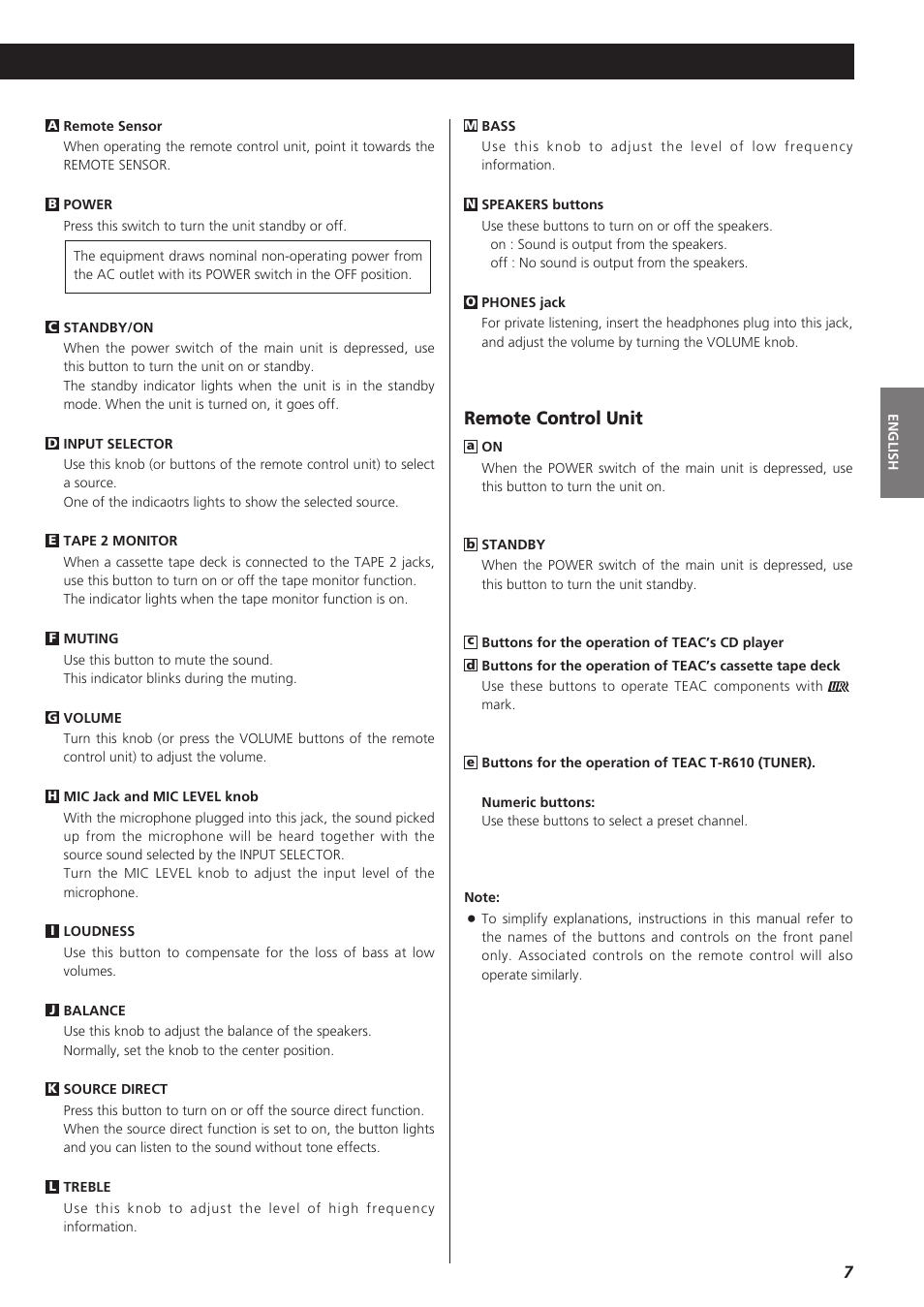 Remote control unit | Teac A-R610 User Manual | Page 7 / 64