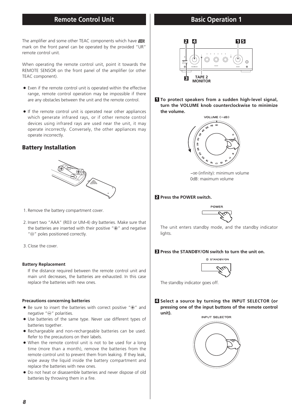 Remote control unit, Basic operation 1, Battery installation | Teac A-R610 User Manual | Page 8 / 64