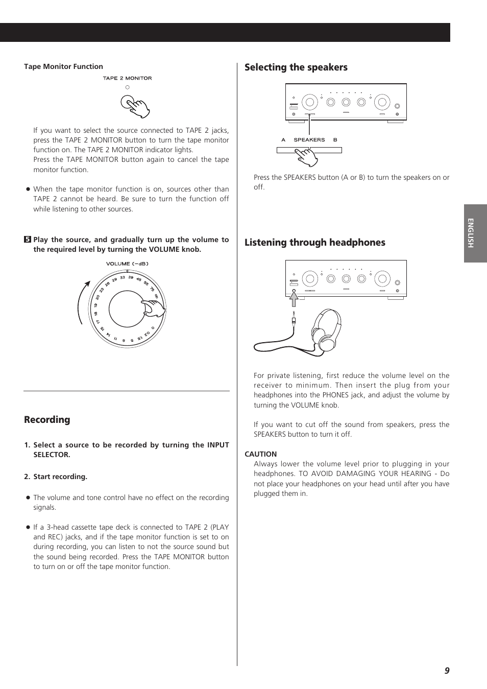 Recording, Selecting the speakers, Listening through headphones | Teac A-R610 User Manual | Page 9 / 64