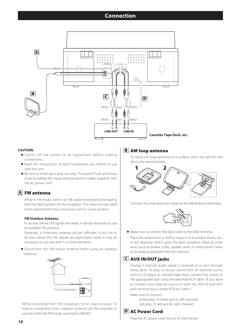 Connection, Fm antenna, Am loop antenna | Aux in/out jacks, Ac power cord | Teac CD recorder with turntable/cassette player LP-R550USB User Manual | Page 10 / 100