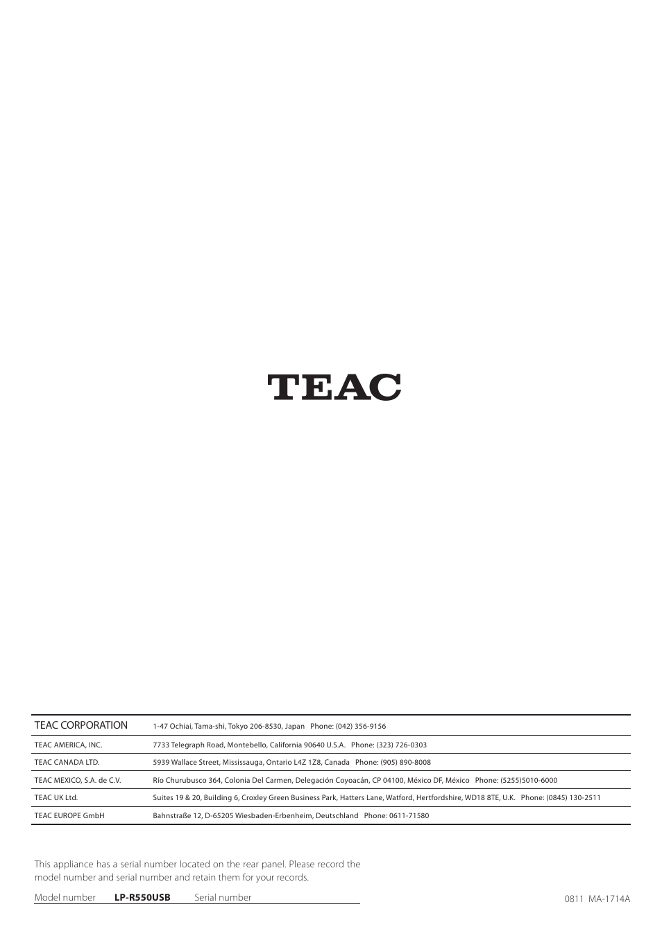 Teac CD recorder with turntable/cassette player LP-R550USB User Manual | Page 100 / 100