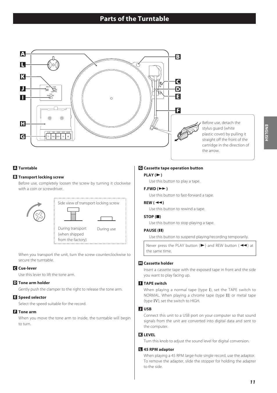 Parts of the turntable, Jl k | Teac CD recorder with turntable/cassette player LP-R550USB User Manual | Page 11 / 100